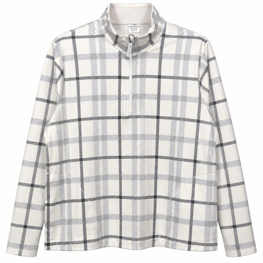 Avia Women’s XL Plaid Quarter Zip Pullover Ivory Gray Sweatshirt Pockets
